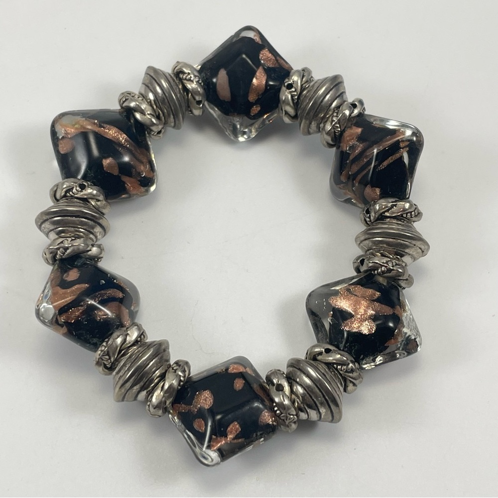 Bracelet Stretch Bold Chunky Murano Glass Silver Tone Beaded Black Rose Gold